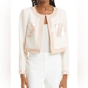 NWT Cinq a Sept Rina Sequin Trim Crop Jacket In Pearl/ Travertine - 10